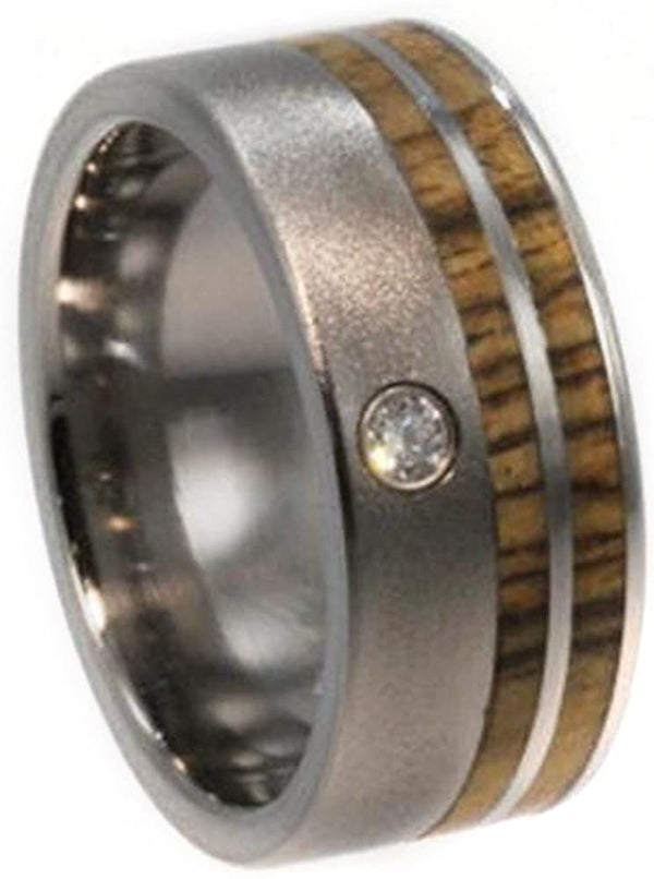 Diamond, Bocote Wood Stripe 10mm Comfort Fit Frosted Titanium Wedding Band, Size 7