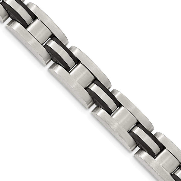 Men's Brushed Stainless Steel 11.7mm Black Polyurethane Link Bracelet, 8.25"