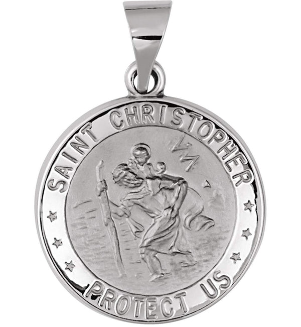 14k White Gold Round Hollow St. Christopher Medal (18.25 MM)