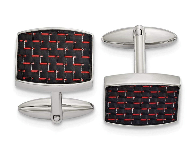 Stainless Steel Black Red Carbon Fiber Inlay Rectangle Cuff Links, 22.52MMX19.27MM