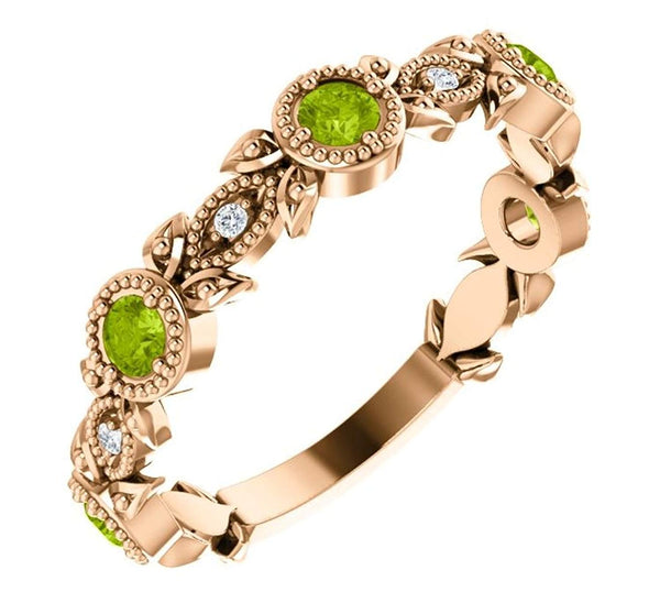 Peridot and Diamond Vintage-Style Ring, 14k Rose Gold (0.03 Ctw, G-H Color, I1 Clarity)