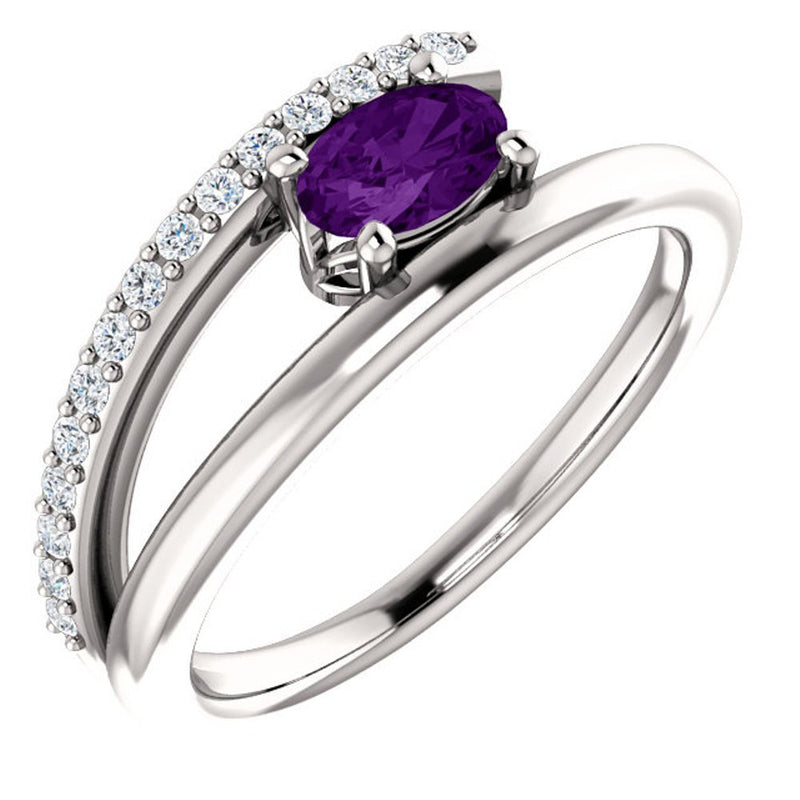 Amethyst and Diamond Bypass Ring, Rhodium-Plated 14k White Gold (.125 Ctw, G-H Color, I1 Clarity)