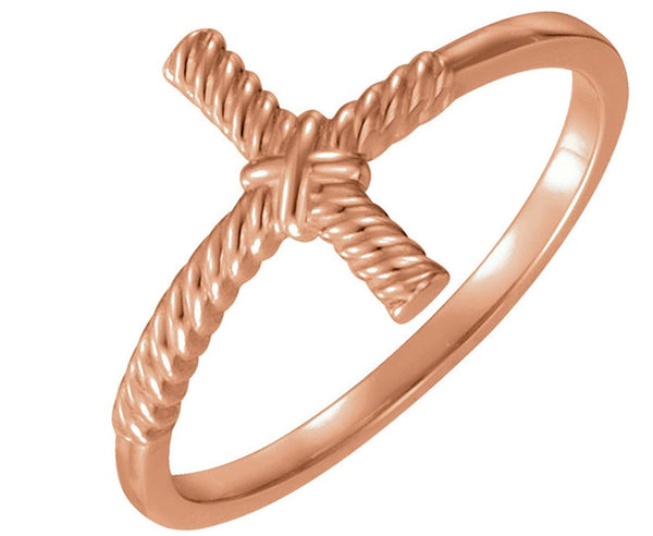 Sideways Rope Cross 14k Rose Gold Ring, Size 5.5