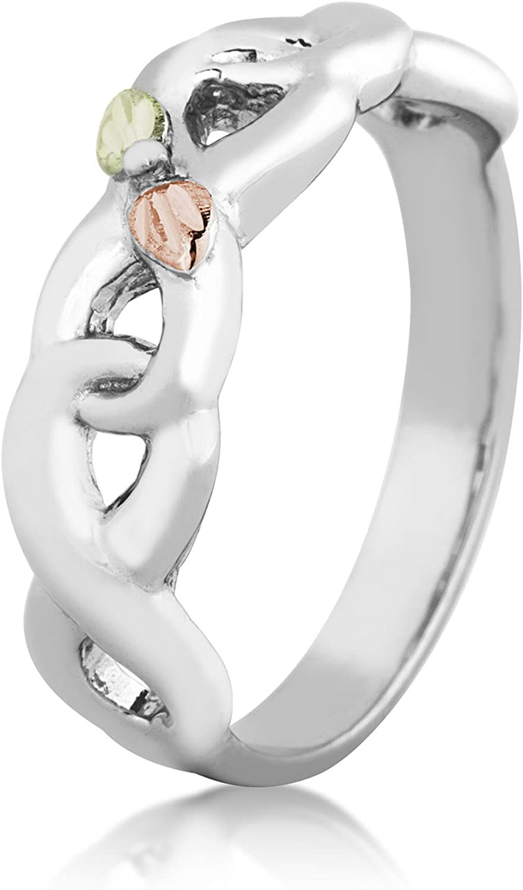 Infinity Vine and Leaf Band, Sterling Silver, 12k Gold Pink and Green Gold Black Hills Gold Motif, Size 3.5