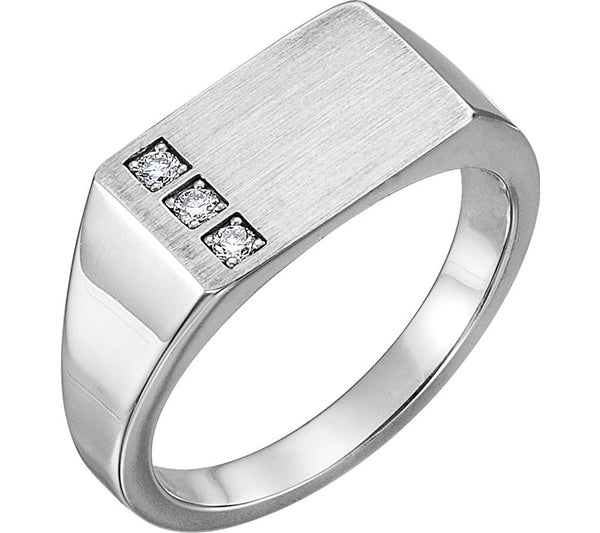 Men's Diamond 3-Stone Past, Present, Future Signet Ring, Rhodium-Plated 14k White Gold (.10 Ctw, G-H Color I1 Clarity)