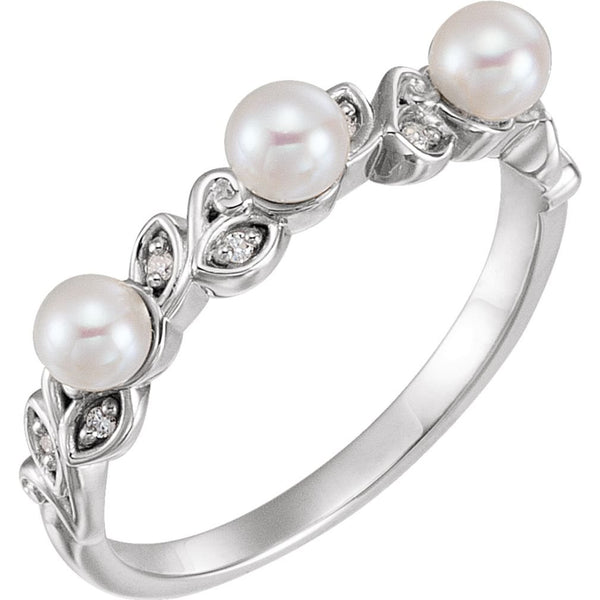 White Cultured Pearl, Diamond Stackable Leaf Ring, Sterling Silver (3.5mm)(.03Ctw, Color G-H, Clarity I1)