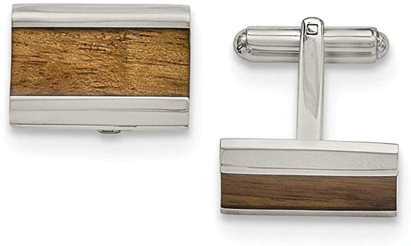 Stainless Steel, Brown Wood Inlay Enameled Rectangle Cuff Links