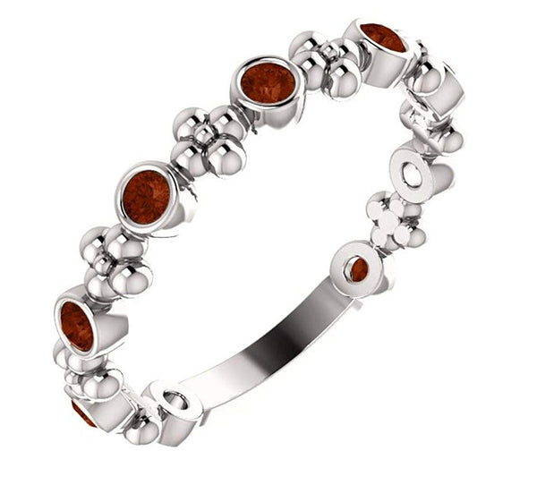 Genuine Mozambique Garnet Beaded Ring , Rhodium-Plated Sterling Silver