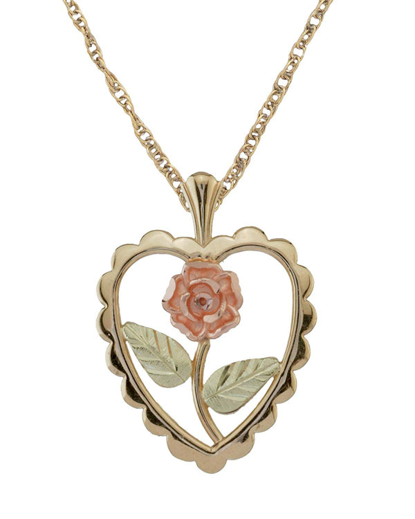 Black Hills Gold Rose Heart, 10k Yellow Gold, 12k Green, Rose Gold Necklace, 18"