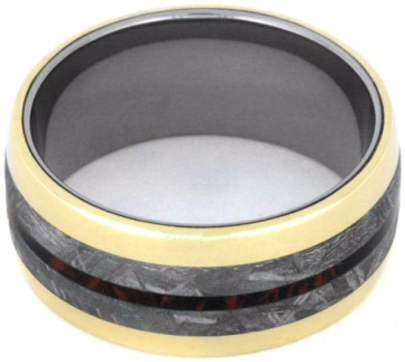 Gibeon Meteorite, Red and Black Composite Mokume, 14k Yellow Gold 9mm Comfort-Fit Titanium Wedding Band, Size 14