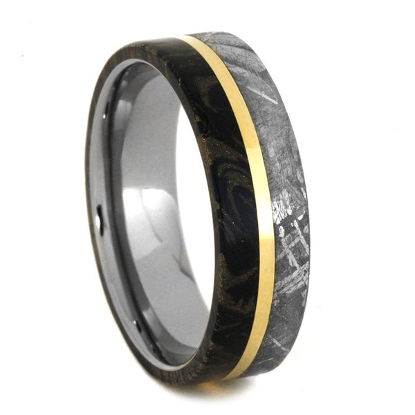 Gibeon Meteorite, Black and Yellow Mokume, 14k Yellow Gold 7mm Comfort-Fit Titanium Band, Size 10.75