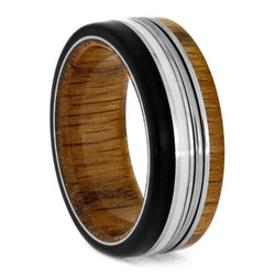 Ebony Wood, Oak Wood, Piano String, White Stripe 7.5mm Comfort-Fit Titanium Band, Size 10