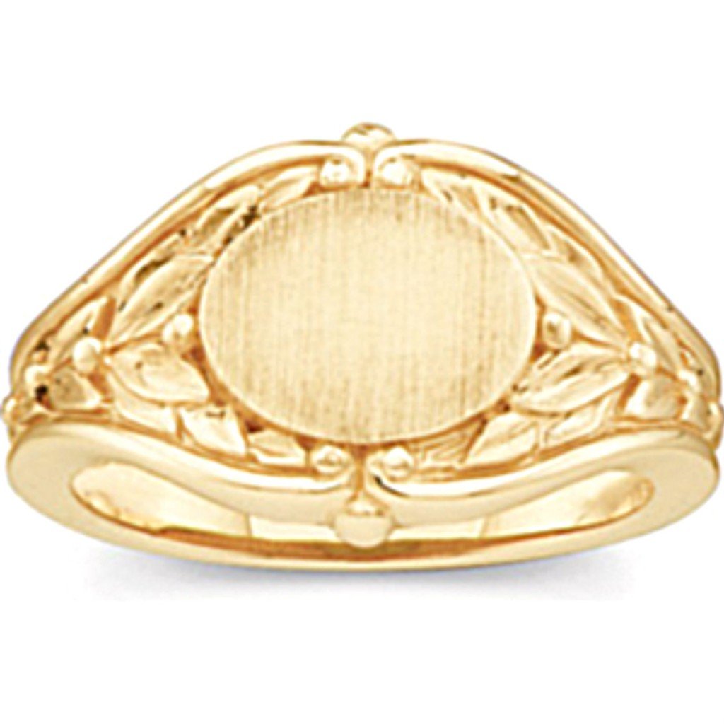 Women's Oval Floral Embossed Semi-Polished 10k Yellow Gold Signet Ring, Size 6 (10.2MM)