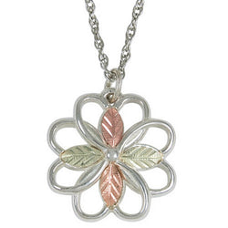 Flower Pendant Necklace, Sterling Silver, 12k Rose Gold, 12k Green Gold Black Hills Gold Motif, 18"