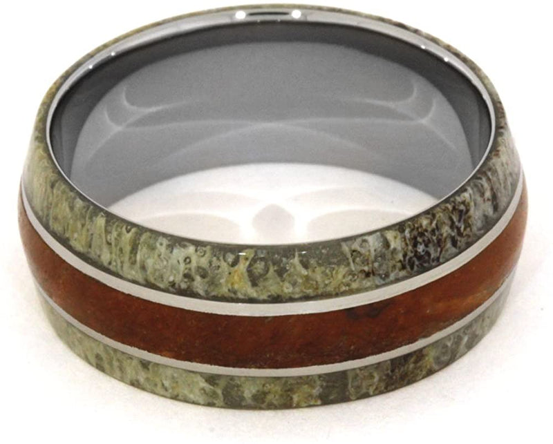 Deer Antler, Petrified Wood 10mm Comfort-Fit Titanium Ring, Size 5.75