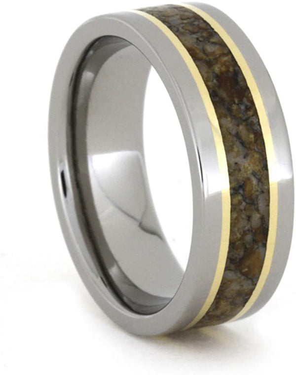 18k Yellow Gold Pinstripes, Multi-Color Dino Bone 7mm Comfort-Fit Titanium Band, Size 13.25