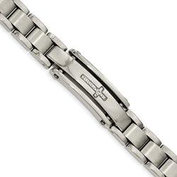 Men's Polished and Brushed Stainless Steel CZ Cross ID Bracelet, 9"