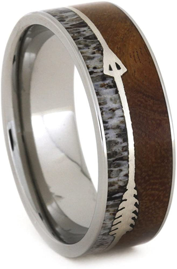 Silver Arrow, Ironwood Burl Wood, Deer Antler 8mm Comfort-Fit Titanium Wedding Band, Size 12