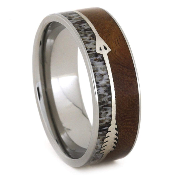 Arrow, Deer Antler, Ironwood Burl Wood 8mm Comfort-Fit Titanium Band, Size 12