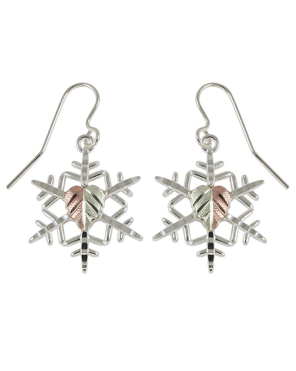 Snowflake Earrings, Sterling Silver, 12k Green and Rose Gold Black Hills Gold Motif