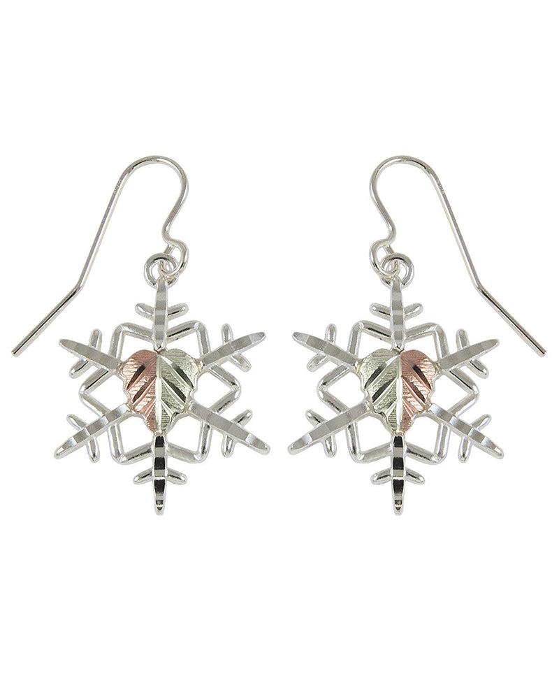 Snowflake Earrings, Sterling Silver, 12k Green and Rose Gold Black Hills Gold Motif