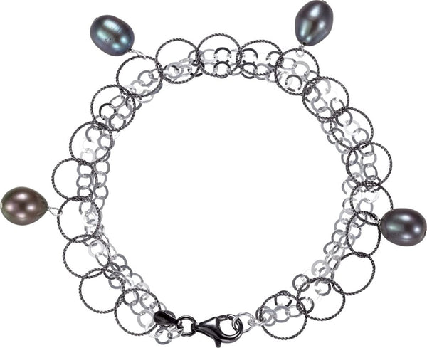 Black Freshwater Cultured Pearl Bracelet, Ruthenium Plating, Sterling Silver, 7.5" (8-9 MM) plated