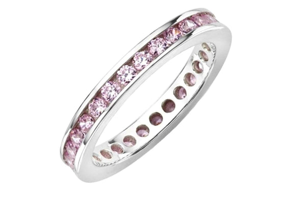 Pink CZ Mirror Polished Rhodium Plated Sterling Silver Eternity Ring