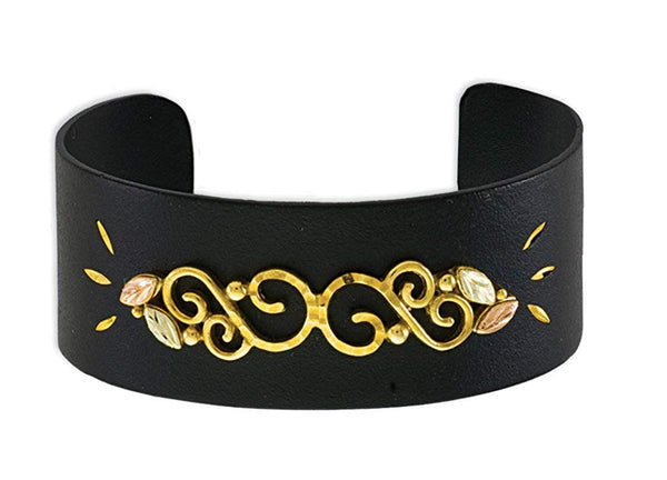 Black Powder Coat Cuff Bracelet with Leaves, 10k Yellow Gold, 12k Green and Rose Gold Black Hills Gold Motif