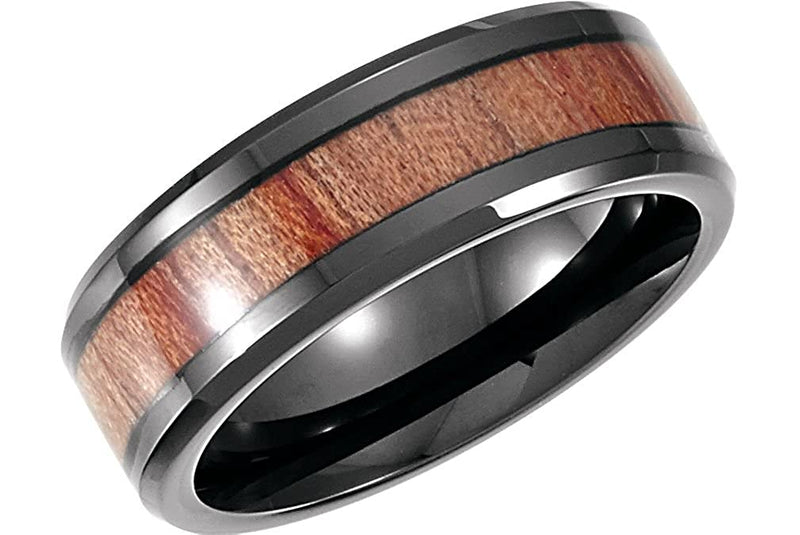 Men's Rosewood Inlay Design 8mm Black Cobalt Comfort-Fit Band, Size 12