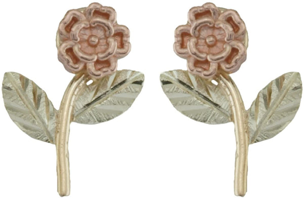 Rose Flower Earrings, 10k Yellow Gold, 12k Green and Rose Gold Black Hills Gold Motif