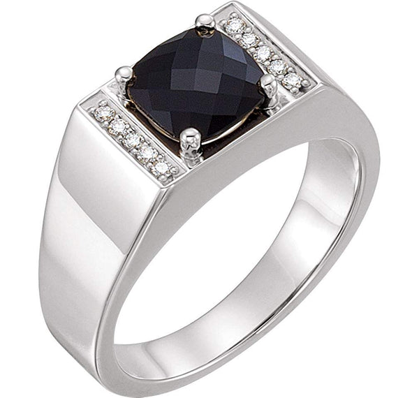 Men's Antique Square Checkerboard Onyx and Diamond Ring, Sterling Silver (.10 Ctw, G-H Color, I1 Clarity)