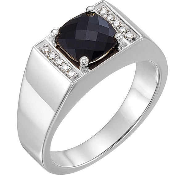 Men's Antique Square Checkerboard Onyx and Diamond Ring, Sterling Silver (.10 Ctw, G-H Color, I1 Clarity) Size 12