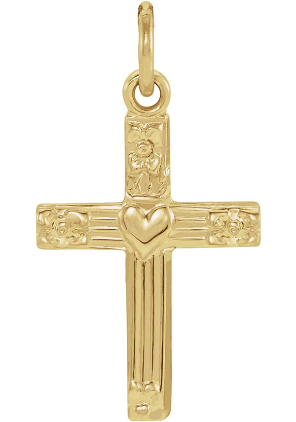 Youth Cross with Heart 14k Yellow Gold Pendant (13X10MM)