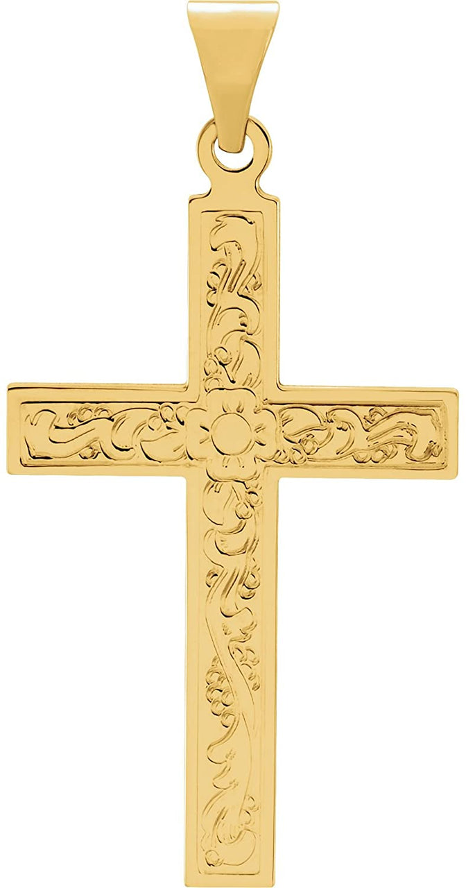 Embossed Flowers Cross 14k Yellow Gold Pendant