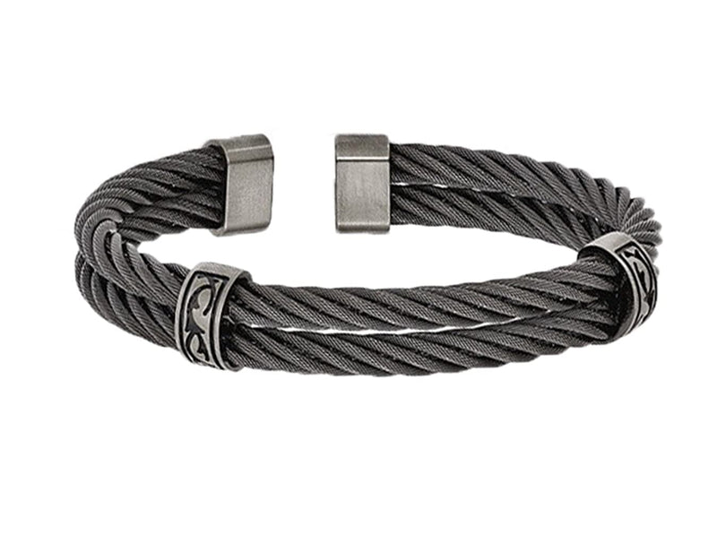 Men's Tribal Collection Gray Titanium Black Memory Two Cable Cuff Bracelet, 7"