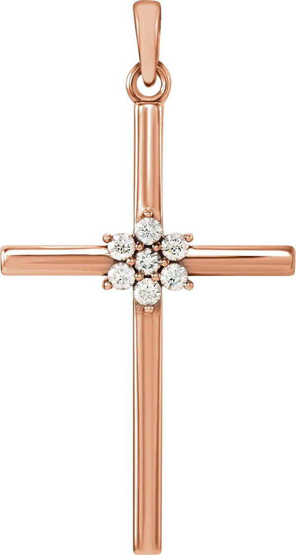 Large 7-Stone Diamond Cluster Christian Cross 14k Rose Gold Pendant (1/10 Ctw) 30.40X16.26MM