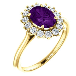 Genuine Oval Amethyst and Diamond Halo 14k Yellow Gold Ring (.35 Cttw, GH Color, SI1 Clarity), Size 5.25