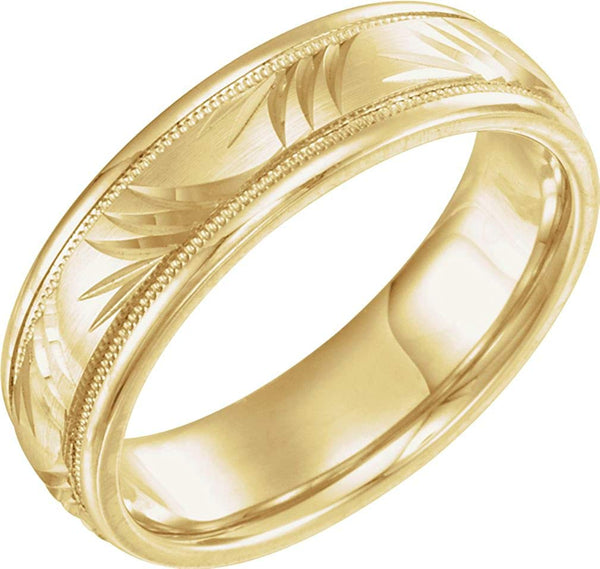 18k Yellow Gold Diamond-Cut Leaf Pattern 6mm Comfort-Fit Band, Size 6