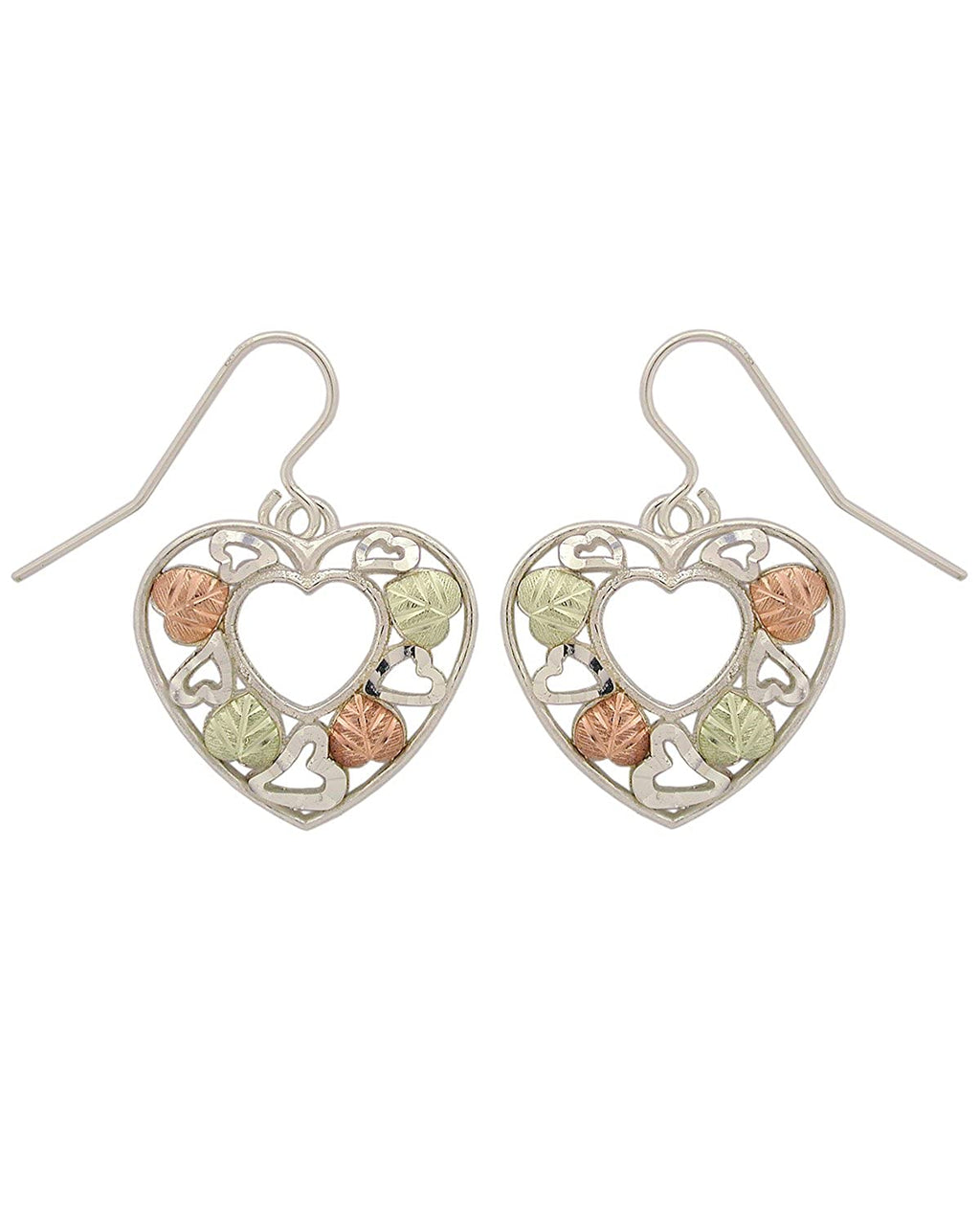 Heart Open-Work Earrings, Sterling Silver, 12k Green and Rose Gold Black Hills Gold Motif