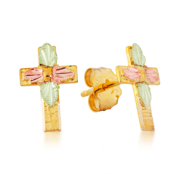 Cross Post Earrings, 10k Yellow Gold, 12k Green and Rose Gold Black Hills Gold Motif