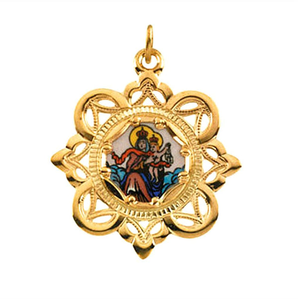 10k Yellow Gold Lady of Mount Carmel Framed Enamel Pendant (25.75x25.75 MM)