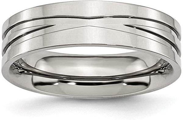 Stainless Steel 6mm Grooved Wedding Comfort-Fit Band, Size 6