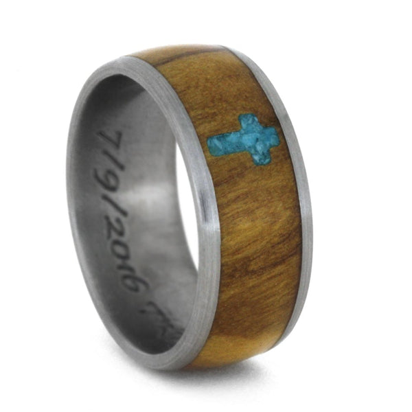 Inlaid Turquoise Cross, Olive Wood 8mm Comfort-Fit Matte Titanium Band