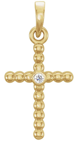 Diamond Beaded Cross 14k Yellow Gold Pendant (.015 Ct, G-H Color, I1 Clarity)