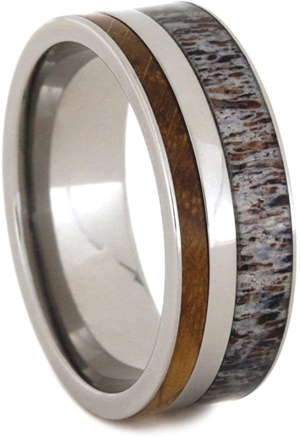 Deer Antler, Whiskey Barrel Wood 9mm Comfort-Fit Titanium Wedding Band, Size 13.5