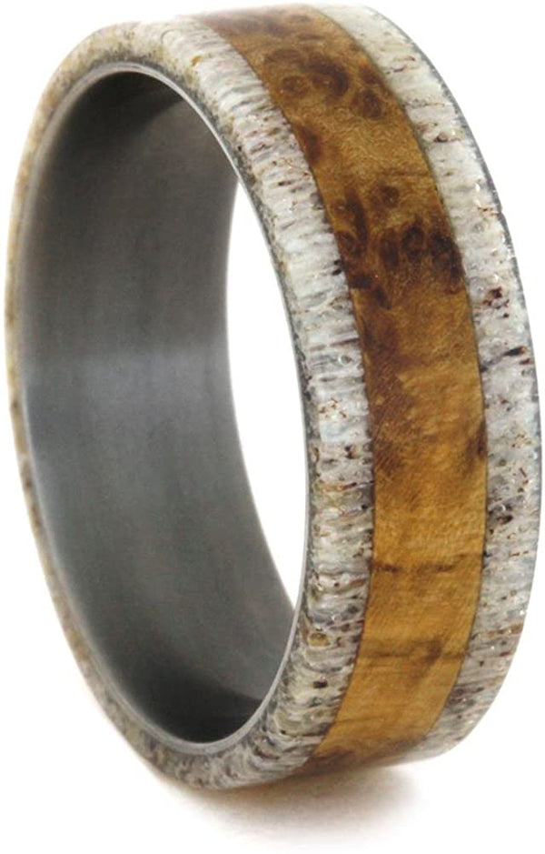 Buckeye Burl, Deer Antler 8mm Comfort-Fit Matte Titanium Band, Size 11.75