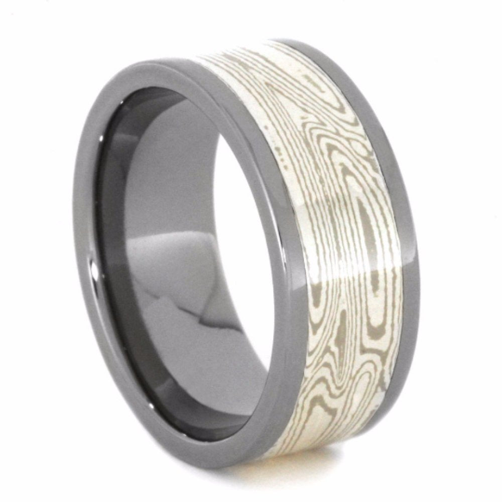 10k White Gold, Palladium, Argentium Sterling Silver Mokume Gane 8.5mm Comfort-Fit Titanium Wedding Band