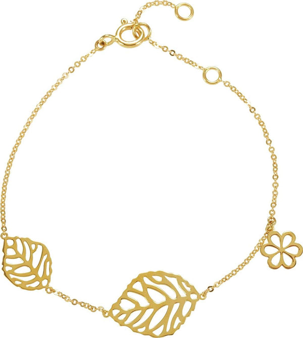 Leaf & Floral Design Bracelet, 14k Yellow Gold, 7"