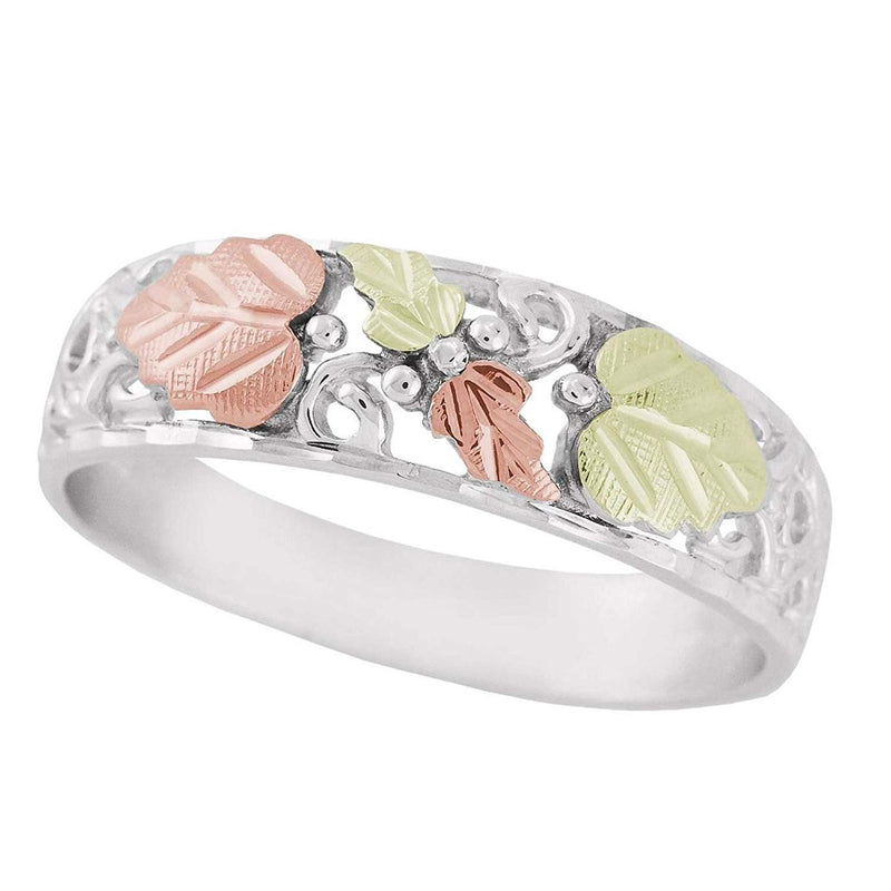 Diamond-Cut, Frosty Leaf Wedding Ring, Sterling Silver, 12k Green and Rose Gold Black Hills Gold Motif