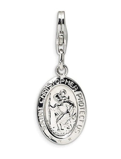 Rhodium-Plated Sterling Silver St. Christopher Medal with Lobster Clasp Charm Pendant (37X10 MM)